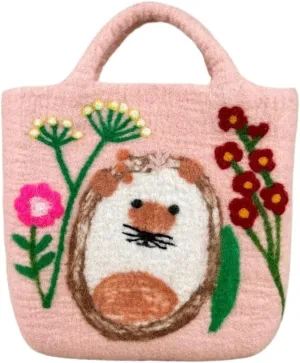 Handmade Wool Felt Handbag with Cute Hedgehog and Flower Illustrations - Vintage Artistic Style