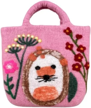 Handmade Wool Felt Handbag with Cute Hedgehog and Flower Illustrations - Vintage Artistic Style