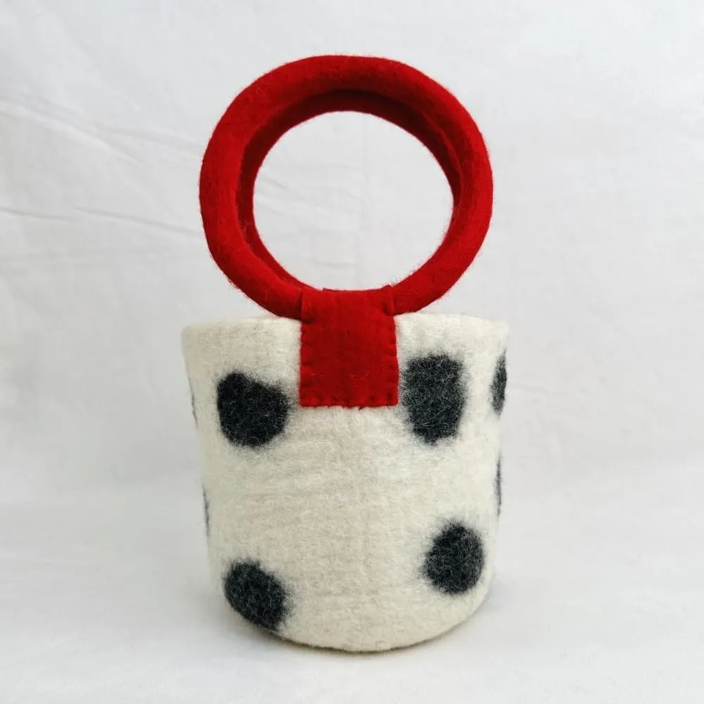 Handmade Wool Felt Polka Dot Circular Handbag Cute Water Bucket Bag for Women Simple Design Tote Bag