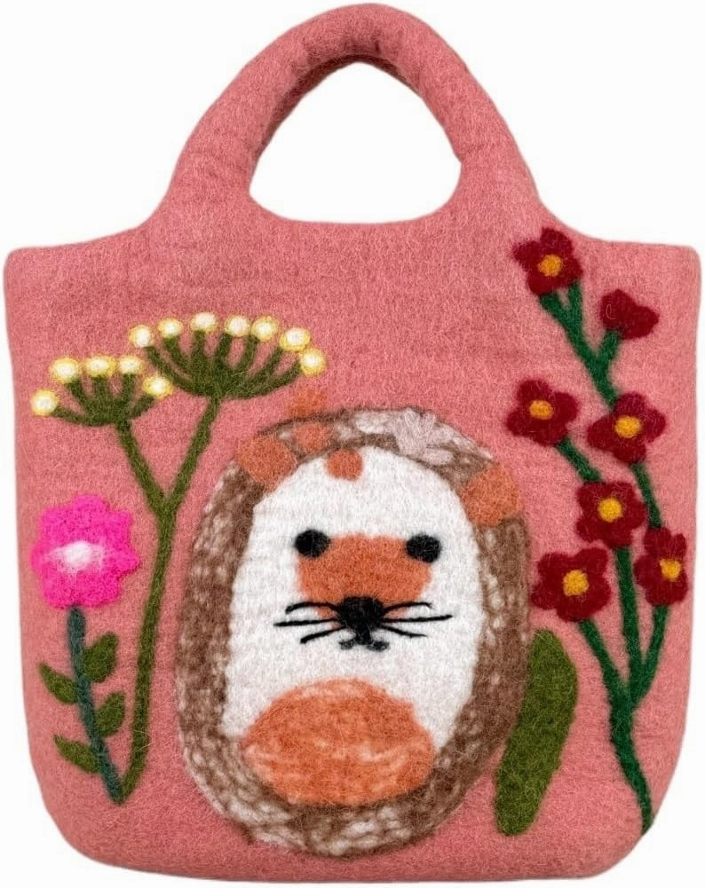 Handmade Wool Felt Handbag with Cute Hedgehog and Flower Illustrations - Vintage Artistic Style