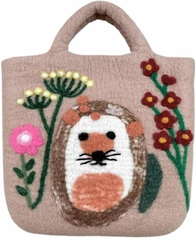 Handmade Wool Felt Handbag with Cute Hedgehog and Flower Illustrations - Vintage Artistic Style