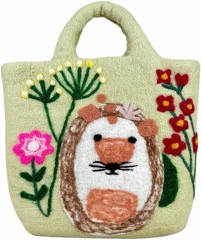 Handmade Wool Felt Handbag with Cute Hedgehog and Flower Illustrations - Vintage Artistic Style