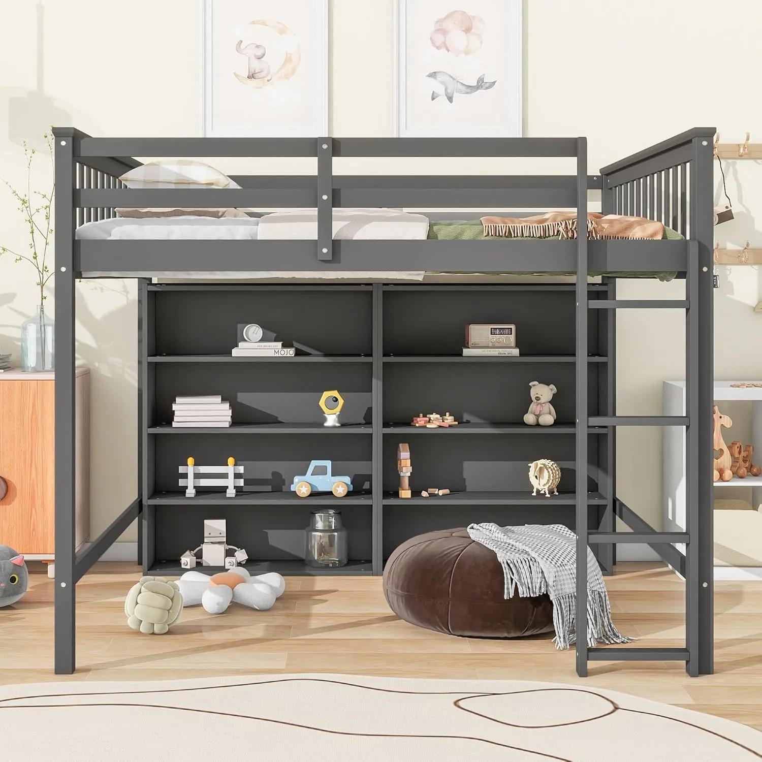 Harper & Bright Designs Full Size Loft Bed with Storage, Wooden Loft Bed Frame with 8 Open Storage Shelves and Built-in Ladder, Gray