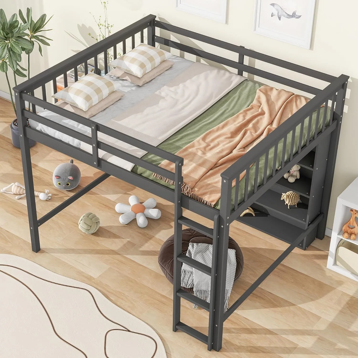 Harper & Bright Designs Full Size Loft Bed with Storage, Wooden Loft Bed Frame with 8 Open Storage Shelves and Built-in Ladder, Gray
