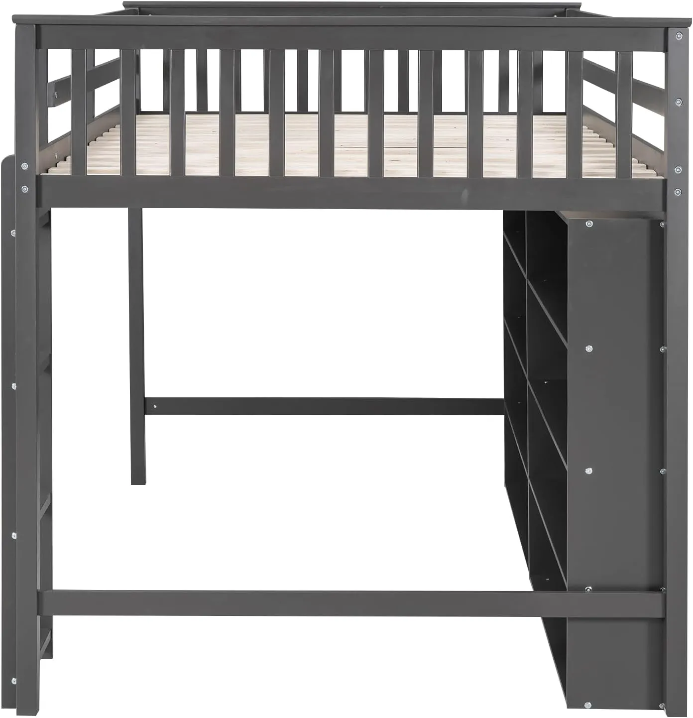 Harper & Bright Designs Full Size Loft Bed with Storage, Wooden Loft Bed Frame with 8 Open Storage Shelves and Built-in Ladder, Gray