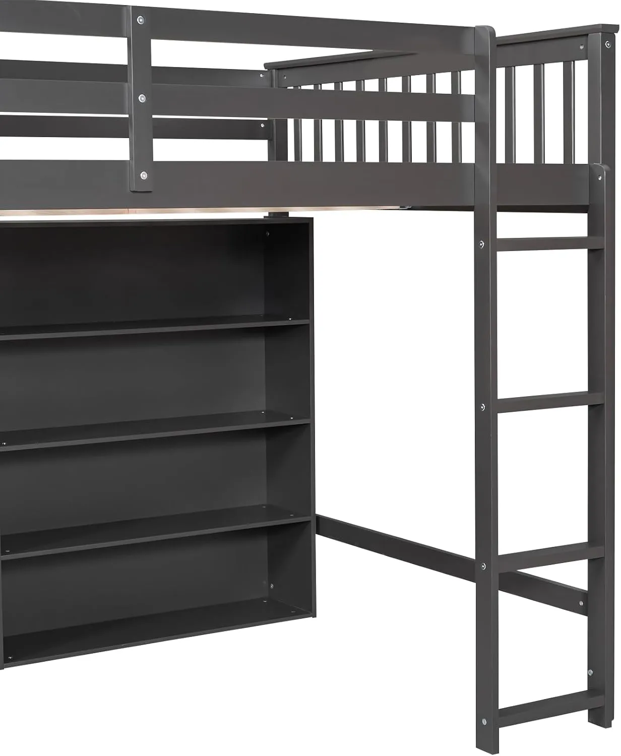 Harper & Bright Designs Full Size Loft Bed with Storage, Wooden Loft Bed Frame with 8 Open Storage Shelves and Built-in Ladder, Gray