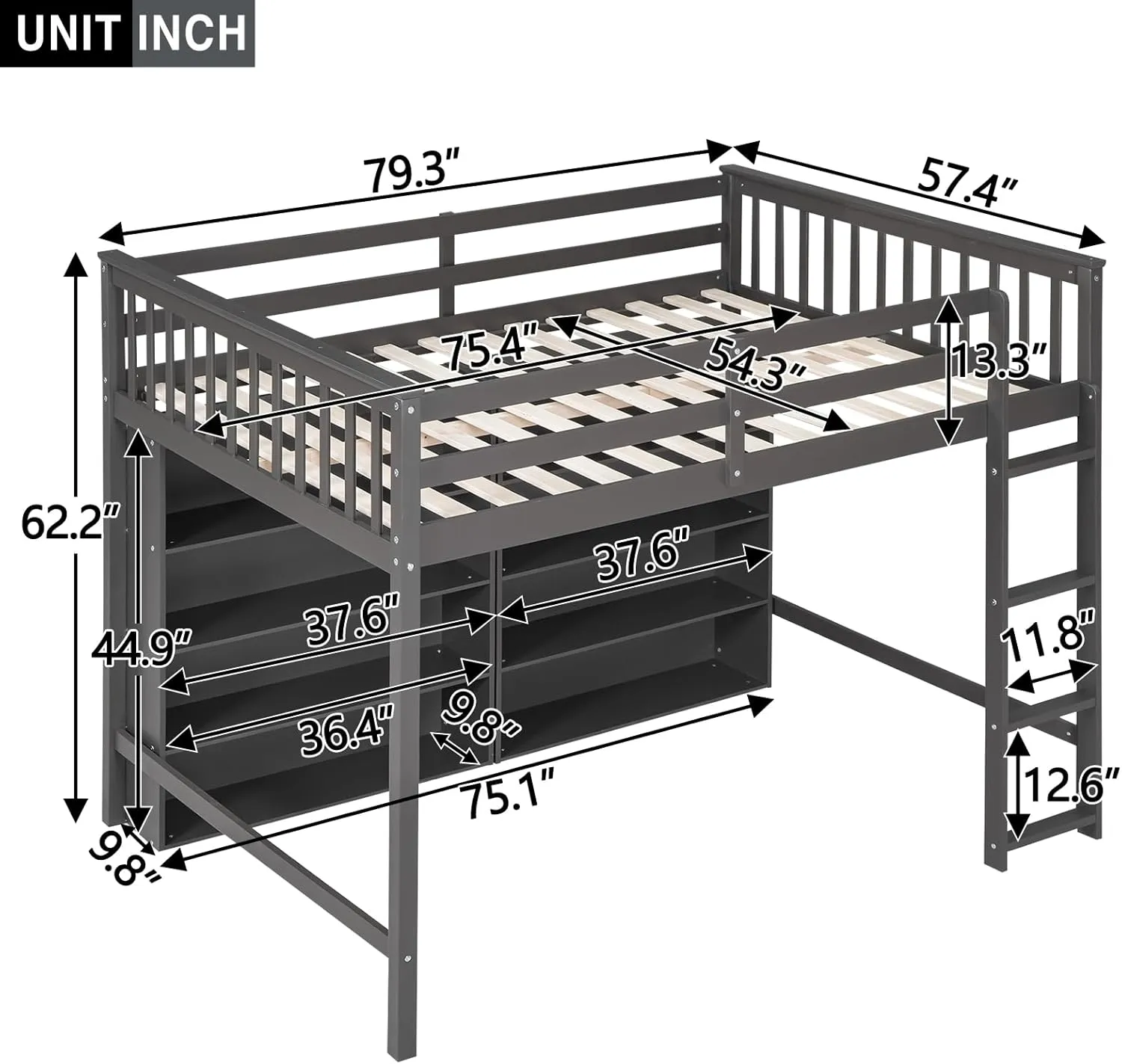 Harper & Bright Designs Full Size Loft Bed with Storage, Wooden Loft Bed Frame with 8 Open Storage Shelves and Built-in Ladder, Gray