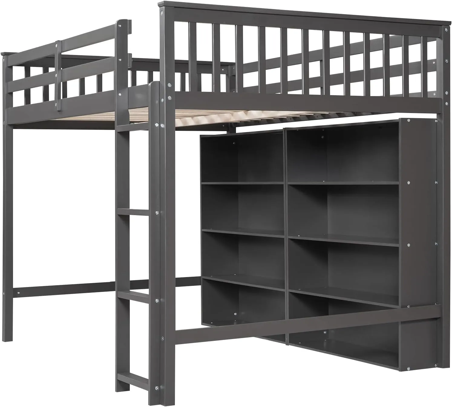 Harper & Bright Designs Full Size Loft Bed with Storage, Wooden Loft Bed Frame with 8 Open Storage Shelves and Built-in Ladder, Gray