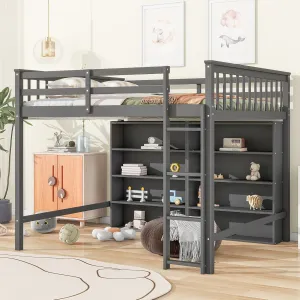 Harper & Bright Designs Full Size Loft Bed with Storage, Wooden Loft Bed Frame with 8 Open Storage Shelves and Built-in Ladder, Gray
