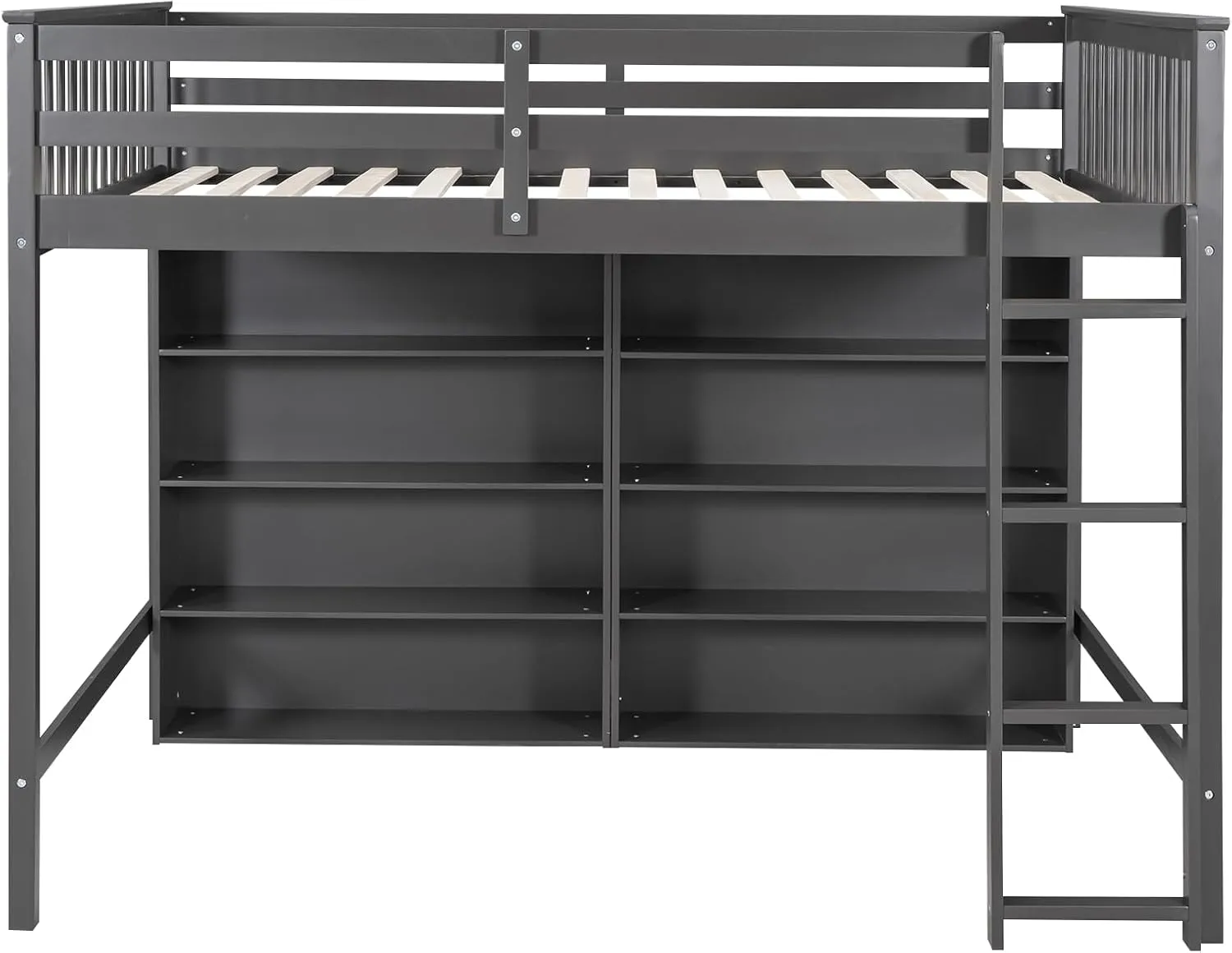 Harper & Bright Designs Full Size Loft Bed with Storage, Wooden Loft Bed Frame with 8 Open Storage Shelves and Built-in Ladder, Gray