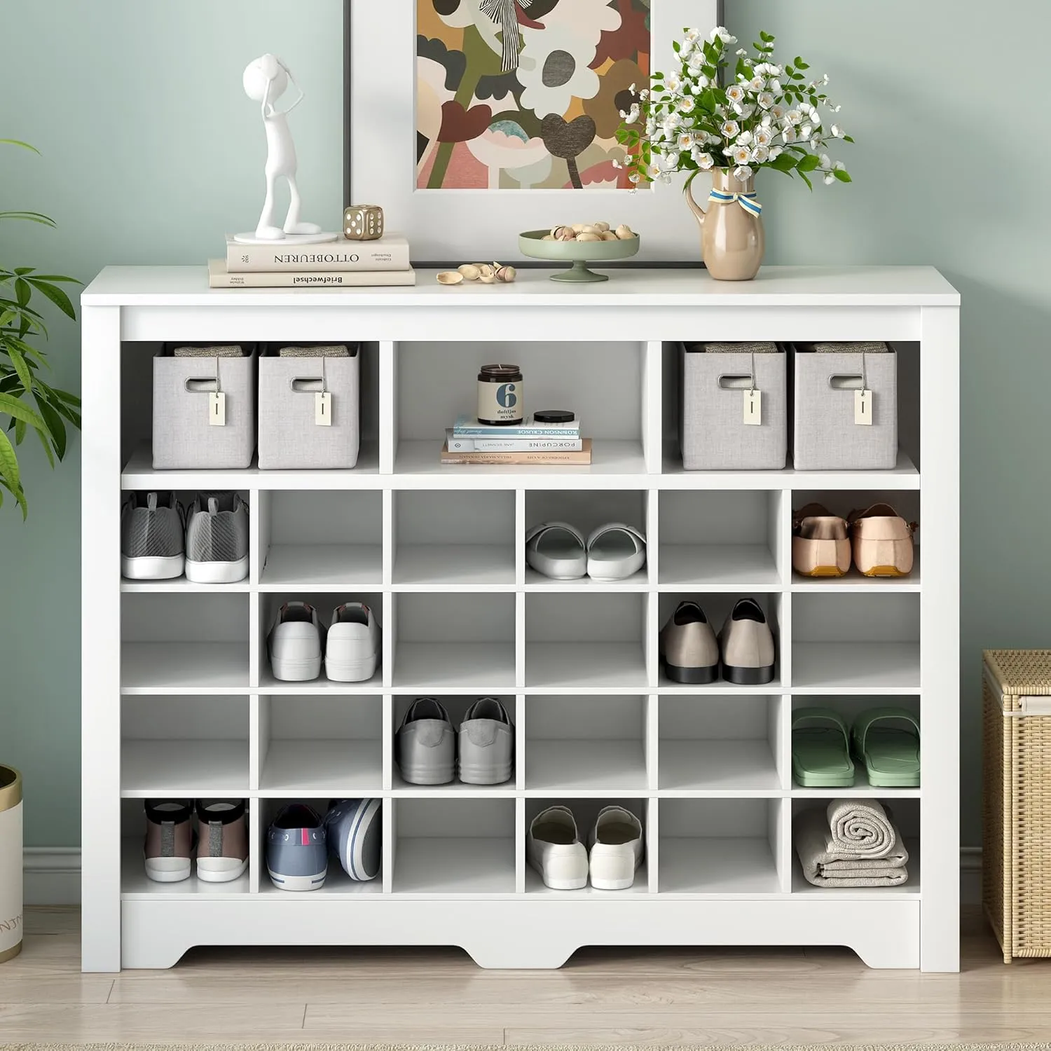 Harper & Bright Designs Sleek Design 24 Shoe Cubby Console, Modern Shoe Cabinet with Curved Base, Versatile Sideboard for Hallway, Bedroom, Living Room, White