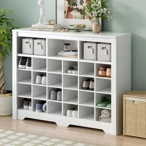 Harper & Bright Designs Sleek Design 24 Shoe Cubby Console, Modern Shoe Cabinet with Curved Base, Versatile Sideboard for Hallway, Bedroom, Living Room, White