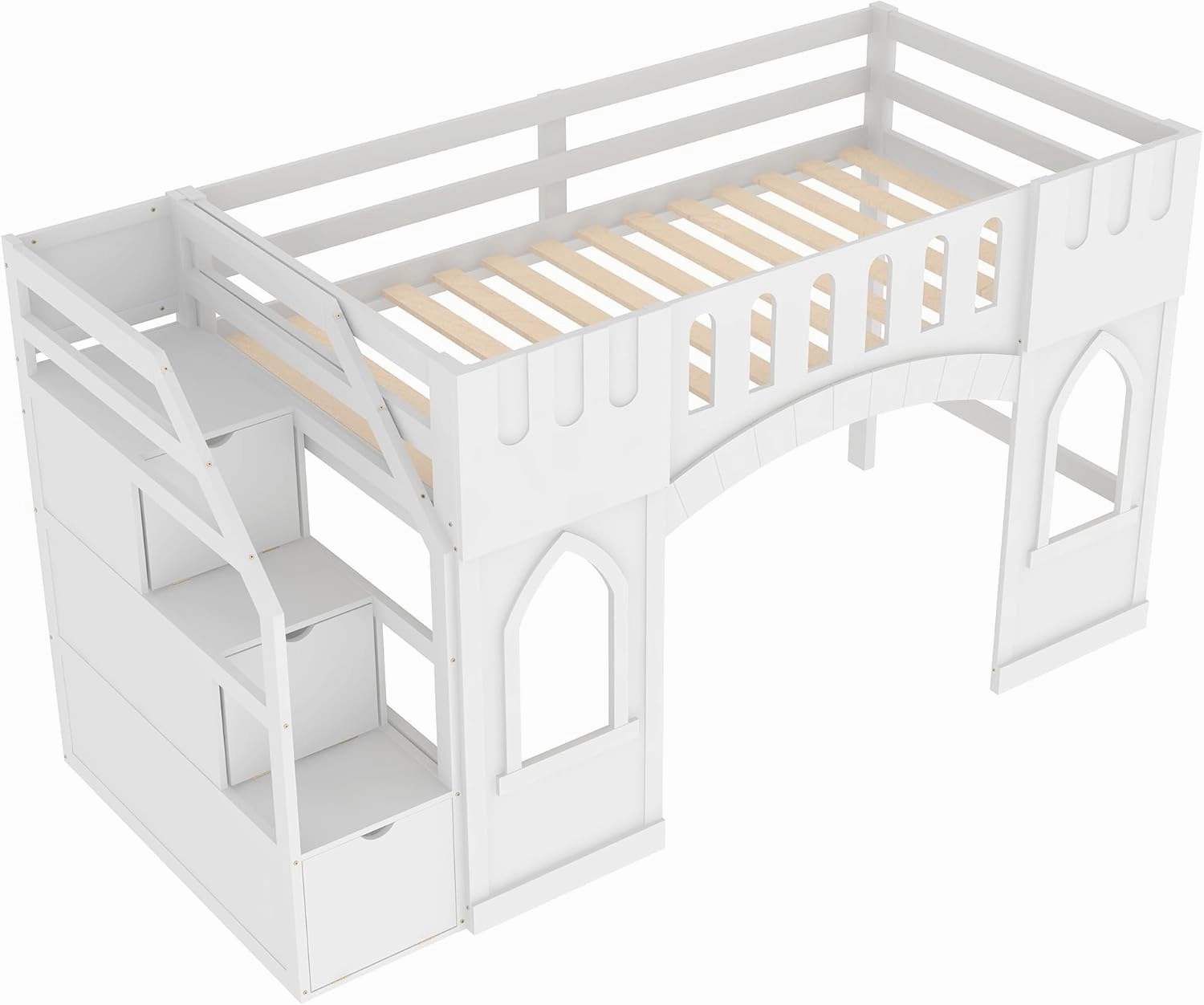 Harper & Bright Designs Twin Size Loft Bed with Storage Staircase and Window, Wood Playhouse Bed Frame with Storage for Boys, Girls, Gray,White