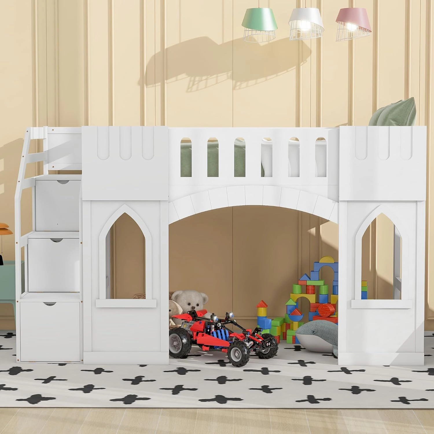Harper & Bright Designs Twin Size Loft Bed with Storage Staircase and Window, Wood Playhouse Bed Frame with Storage for Boys, Girls, Gray,White