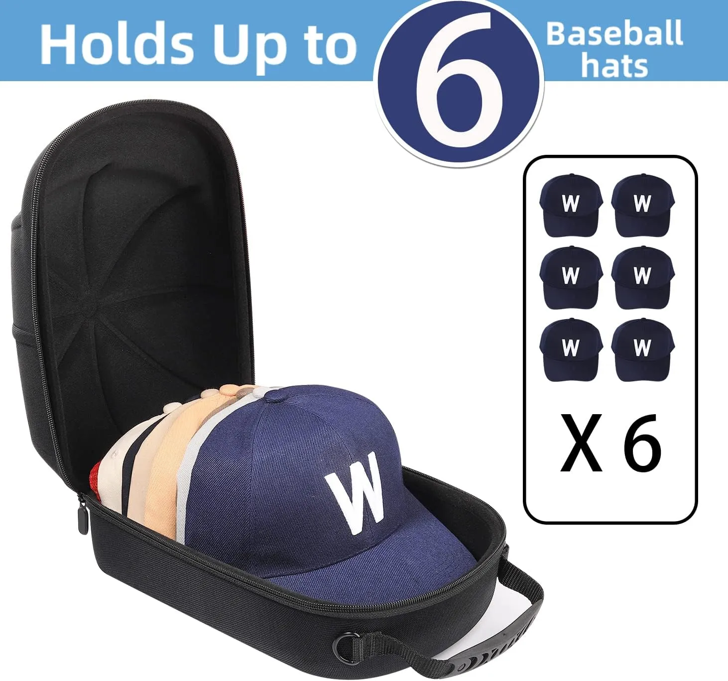 Hat case for Baseball Cap, Hard hat Travel case, caps Holder, Baseball Hat Organizer, Holding up to 6 caps for Travel and Home Storage Black