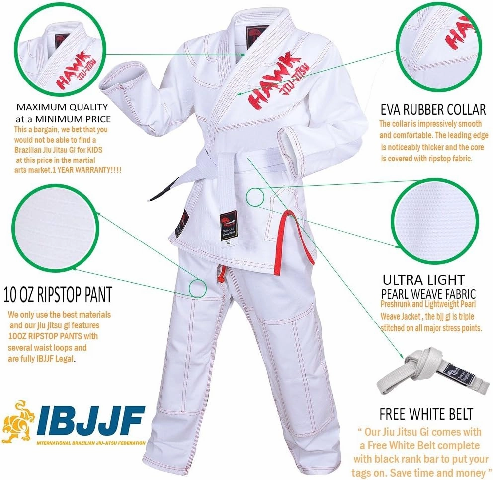 Hawk Sports Brazilian Jiu Jitsu Gi for Kids, Ultra-Light Extra Tough Premium Fabric Kids BJJ Gi