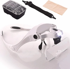 Headset Magnifier with LED Light -1.0X to 3.5X Zoom with 5 Detachable Lenses,M MOACC Hands Free Magnifying Glasses for Engraving Sewing Knitting Nail Art Eyelash Reading Repairing