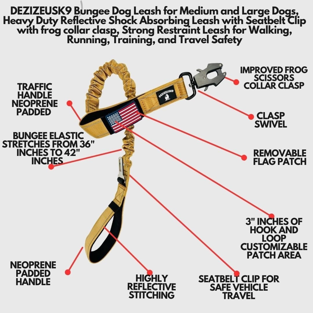 Heavy Duty Bungee Dog Leash - Shock Absorbing, Seat Belt Clip, Quick Release Frog Clasp, Double Padded Handles, for Large and Medium Dogs, Durable for Training, Walking, Car Safety, Outdoor Adventure