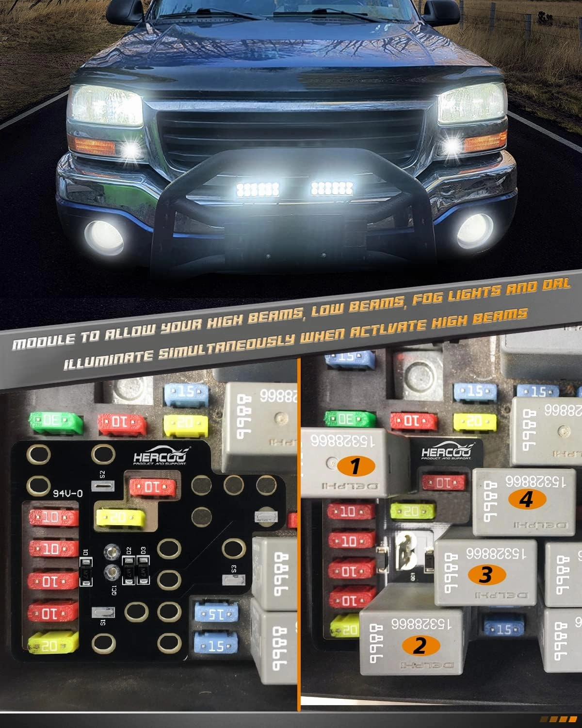 HERCOO Light Module for GM, 8 High Mod Fog lights Low High Beams & DRL Lamp On Simultaneously Compatible with Chevy Silverado GMC Sierra 1500/2500/3500 Classic 2003-2007
