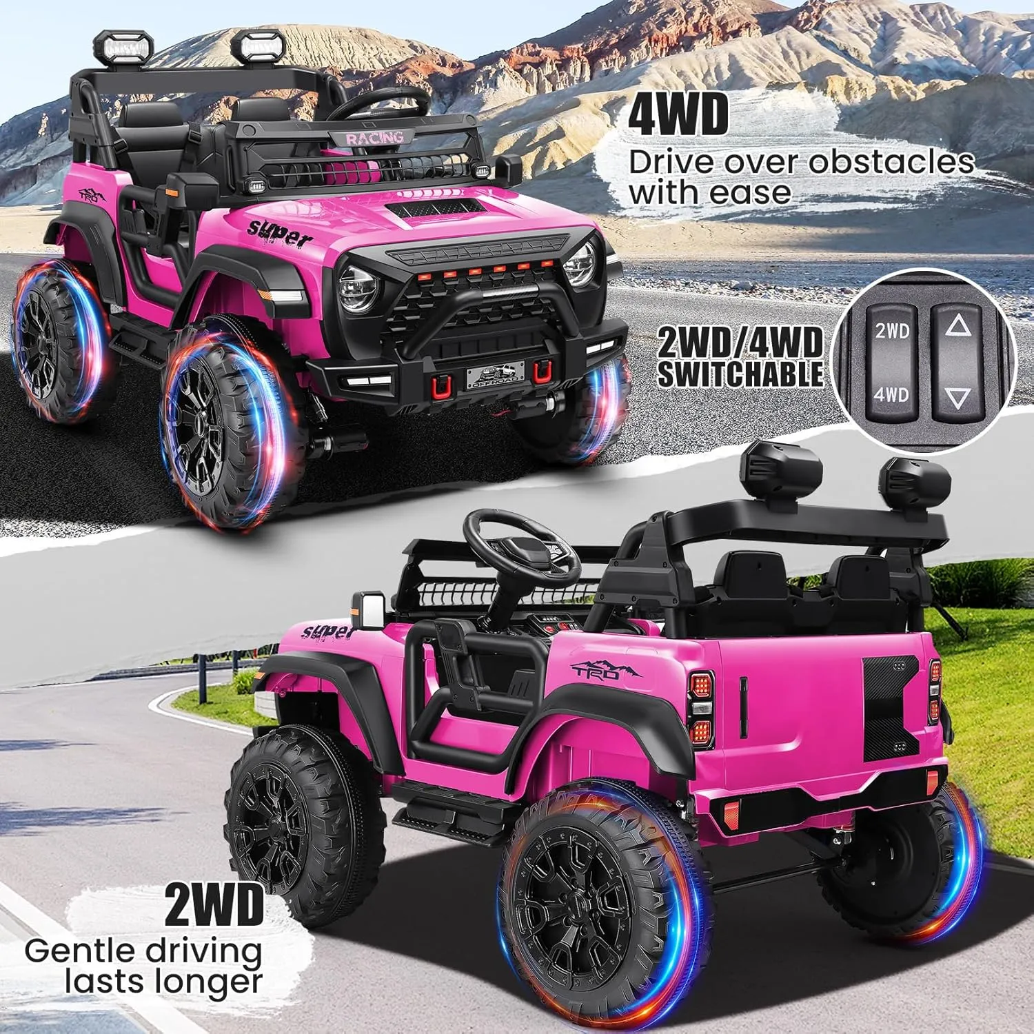 Hikole 24V Ride on Toys for Big Kids, 2 Seater Kids Electric Car with Remote Control, Power Car Wheels, 9AH Battery, 4WD Motor, Speed up to 5 MPH, LED Light, Music, Ideal Vehicles Gift for Girls, Pink