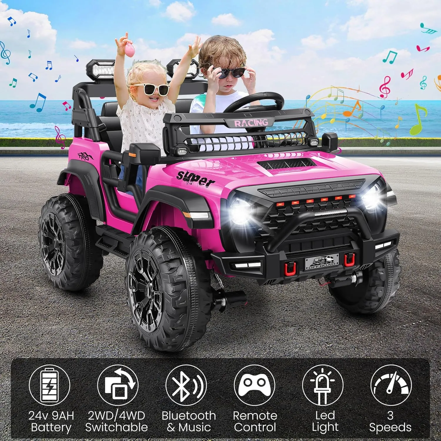 Hikole 24V Ride on Toys for Big Kids, 2 Seater Kids Electric Car with Remote Control, Power Car Wheels, 9AH Battery, 4WD Motor, Speed up to 5 MPH, LED Light, Music, Ideal Vehicles Gift for Girls, Pink