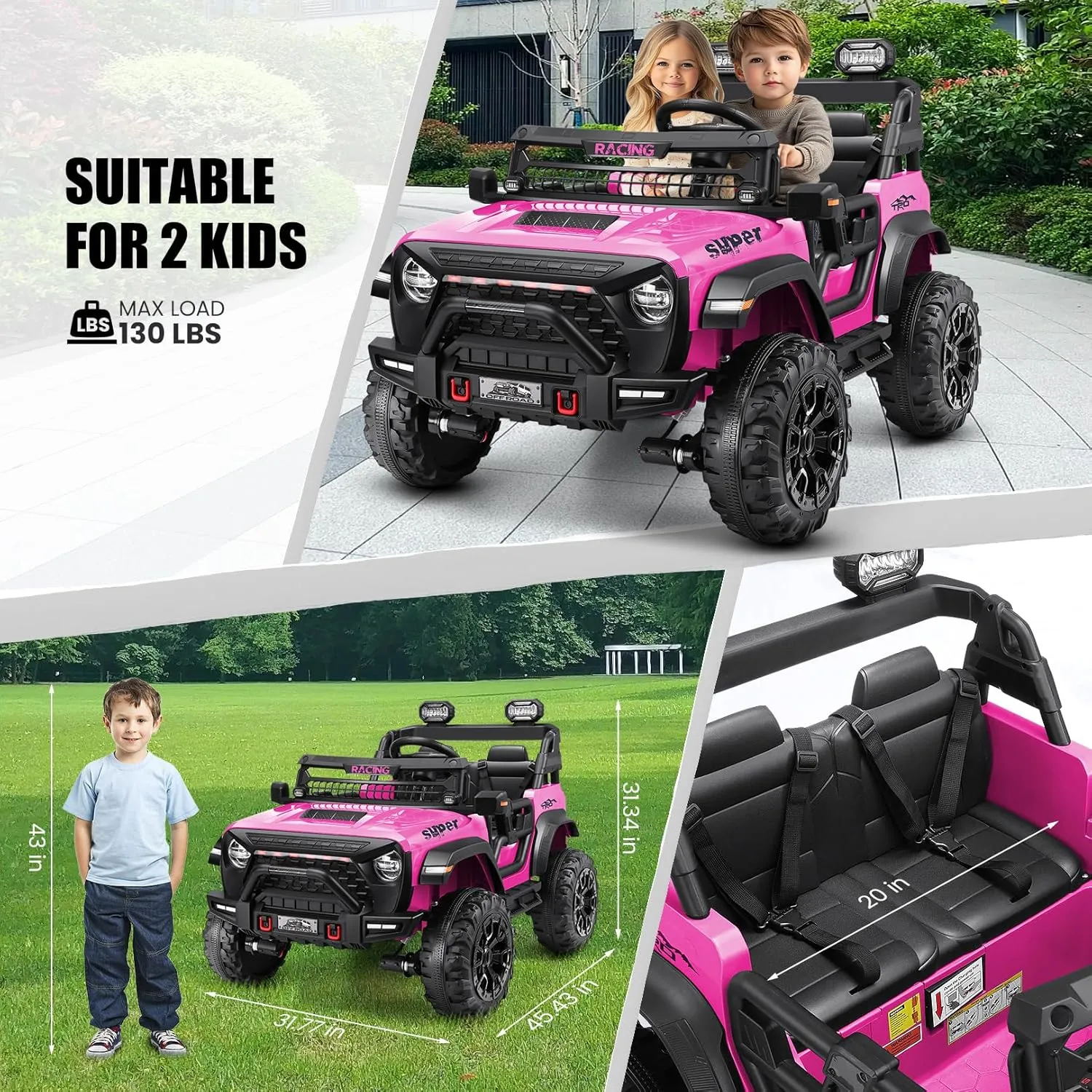 Hikole 24V Ride on Toys for Big Kids, 2 Seater Kids Electric Car with Remote Control, Power Car Wheels, 9AH Battery, 4WD Motor, Speed up to 5 MPH, LED Light, Music, Ideal Vehicles Gift for Girls, Pink