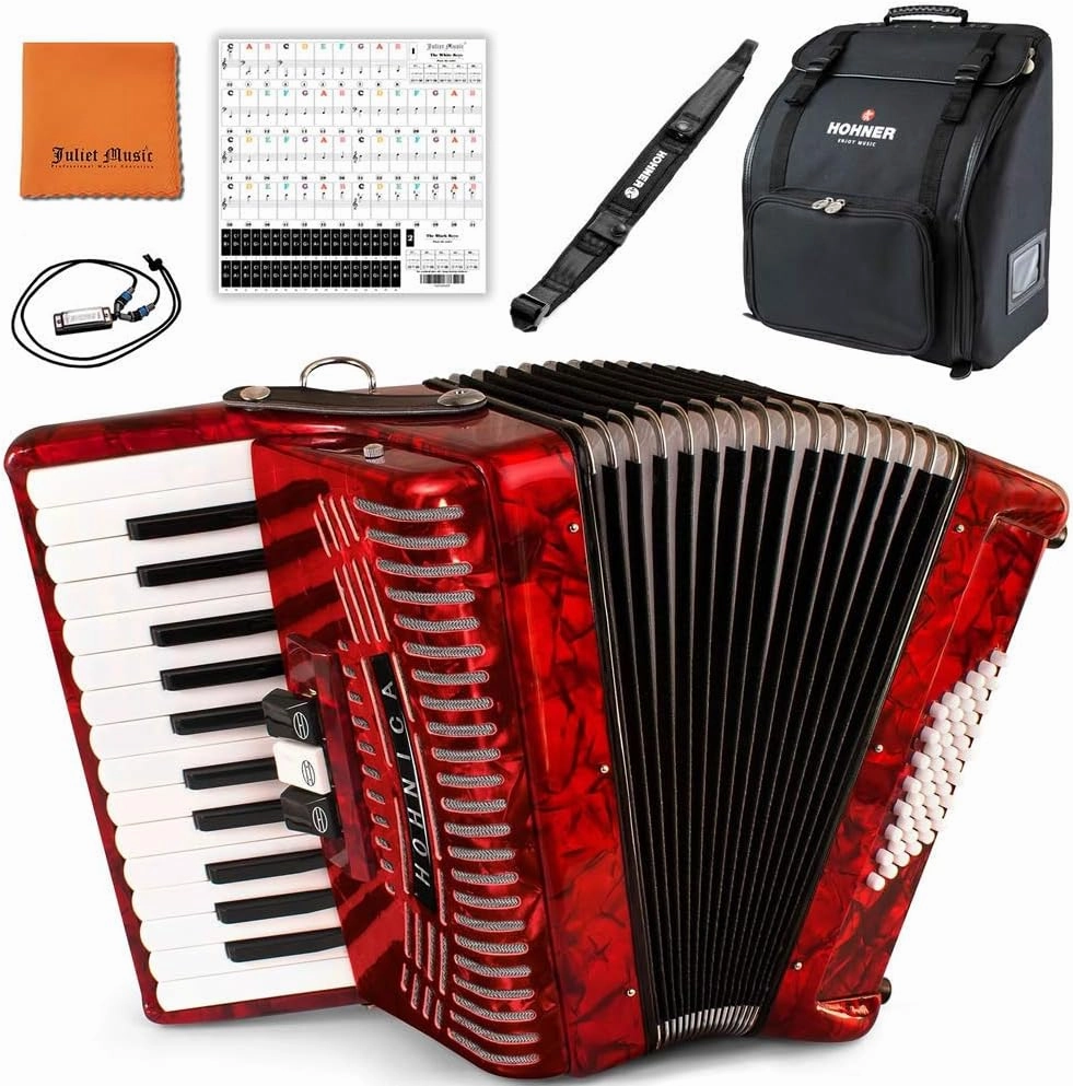Hohner Accordions 1304-RED 48 Bass Entry Level Piano Accordion Bundle with Hohner Bag, Strap, Mini Harmonica, Juliet Music Polish Cloth & Piano Key Stickers