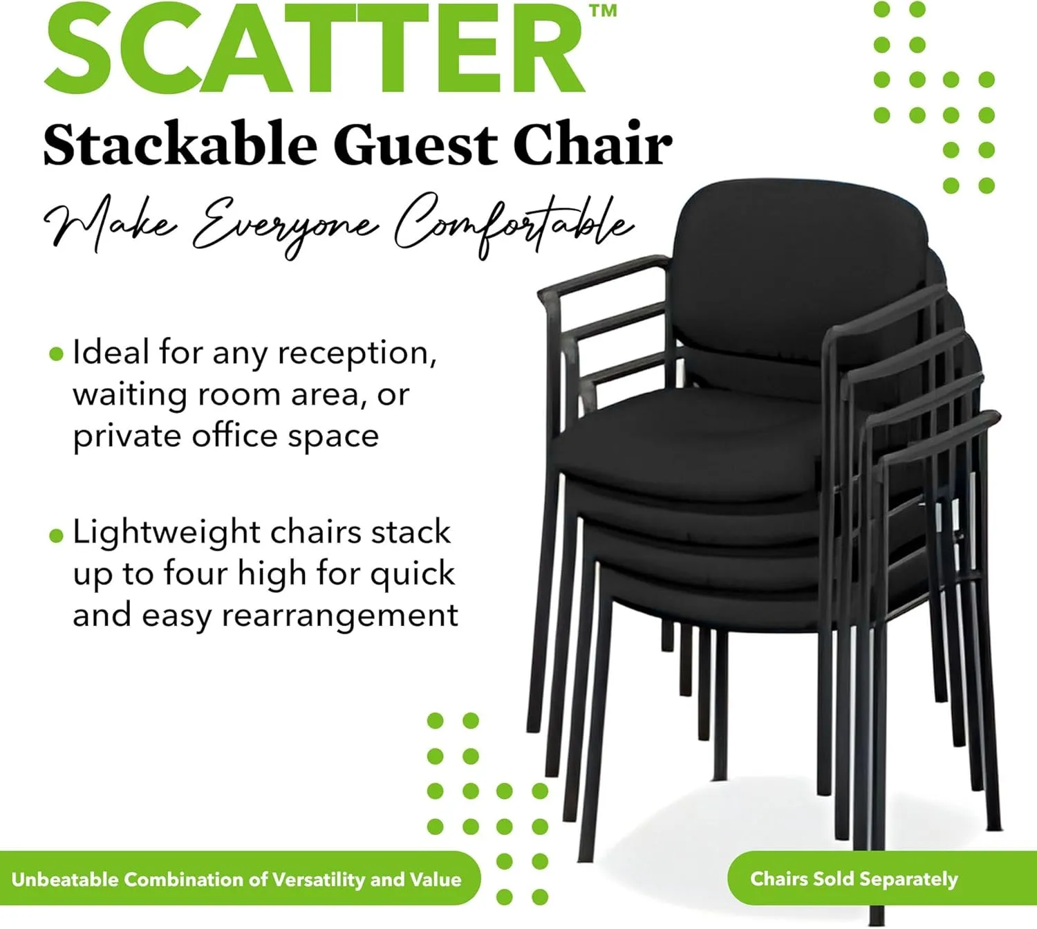 HON Scatter Guest Chair, Fabric Chair, Lobby Chairs, Armless, Stackable Chairs, Black