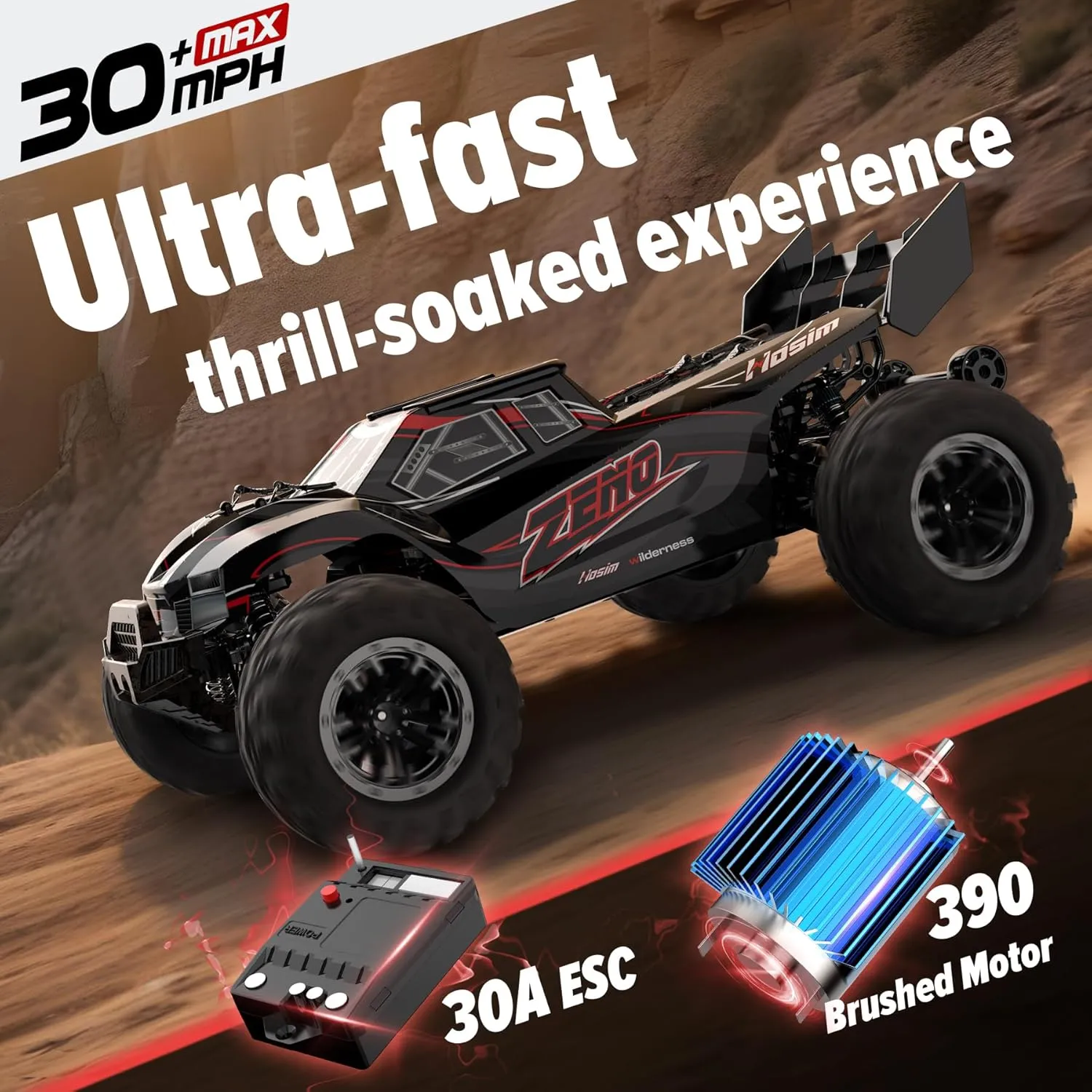 Hosim RC Car for Adults, 1/10 Scale Remote Control Car 48 KMH, High Speed Large RC Truck 4X4 Off-Road All Terrains Waterproof Hobby Grade Fast Racing Toy Gift Monster Trucks