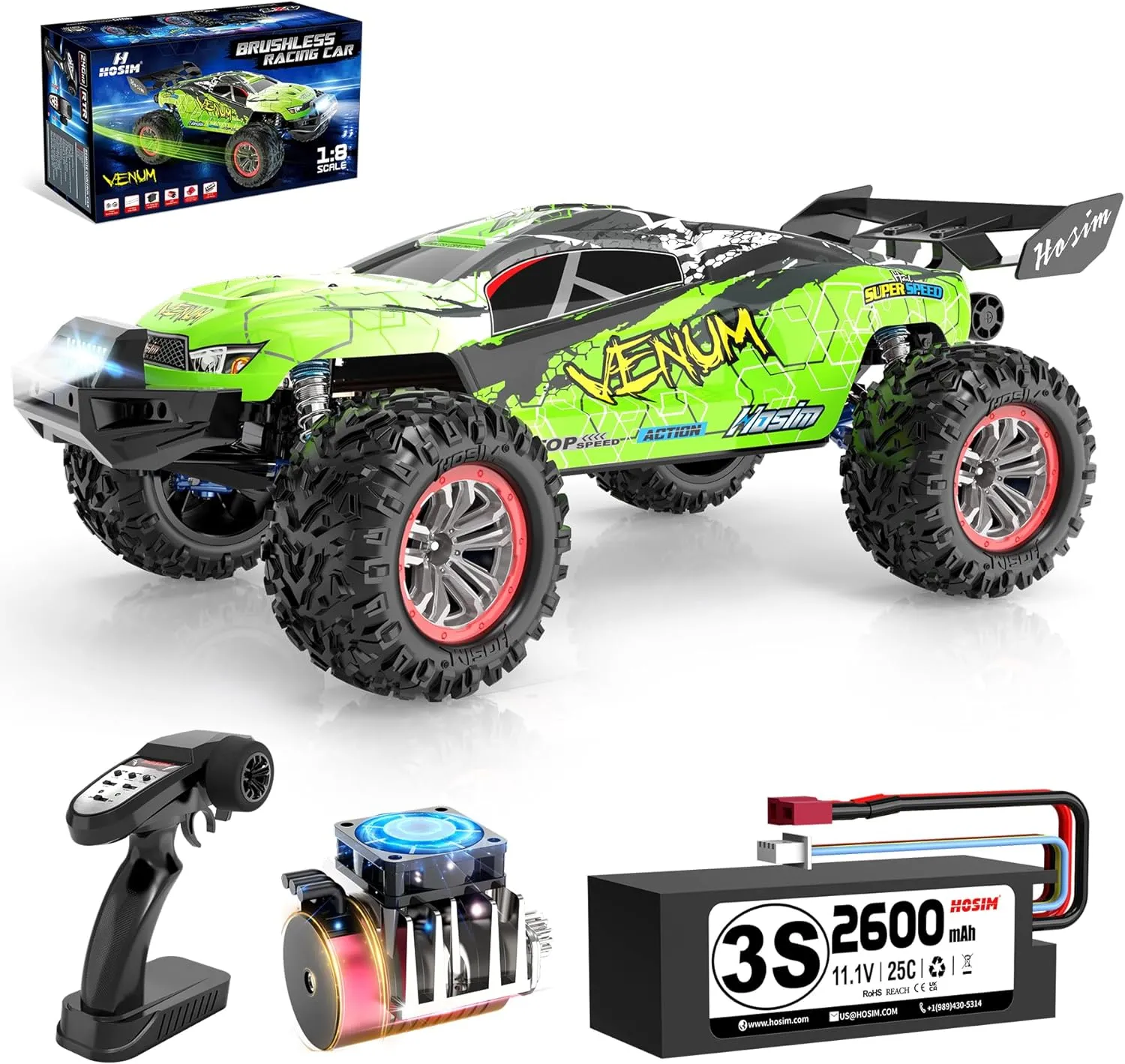 Hosim VENUM Mini 1:8 RC Cars for Adults Fast 80 KMH, Remote Control Truck 4X4 All Terrains Waterproof 2.4GHZ Off Road Hobby Grade Large High Speed RC Monster Truck with 3S Battery