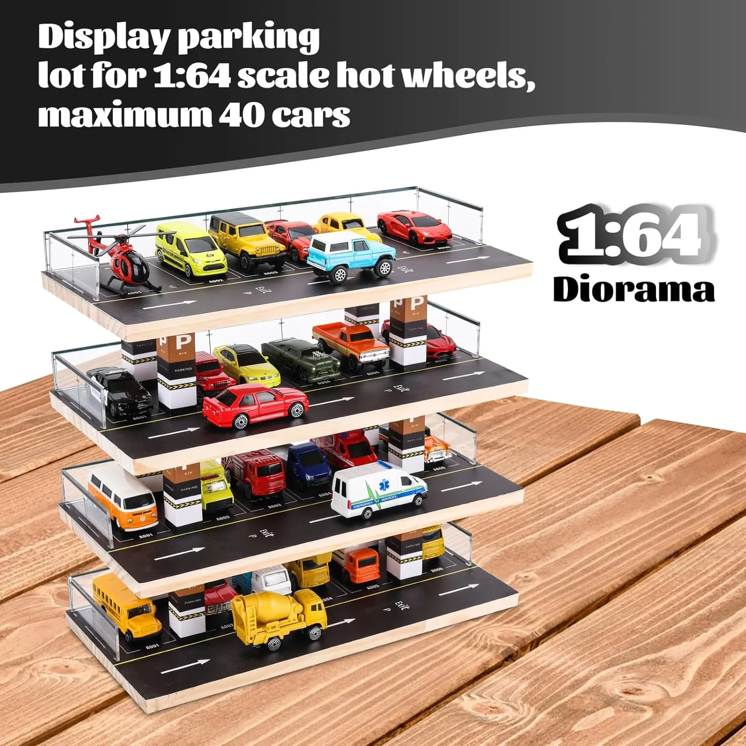 Hot Wheels & Matchbox Display Case, 1/64 Scale Diecast Toy Car Storage, Parking Garage Diorama - Freestanding Storage with 4 Levels 24 Spots Maximum 40 Cars