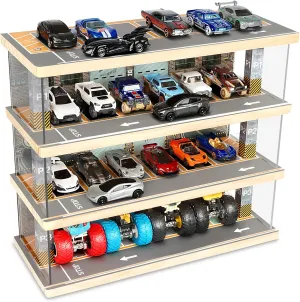 Hot Wheels Storage: Toy Car Parking Garage Diorama with Lights - Freestanding Display Case for 1/64 Scale Diecast Cars with 4 Levels 24 Spots Maximum 40 Cars