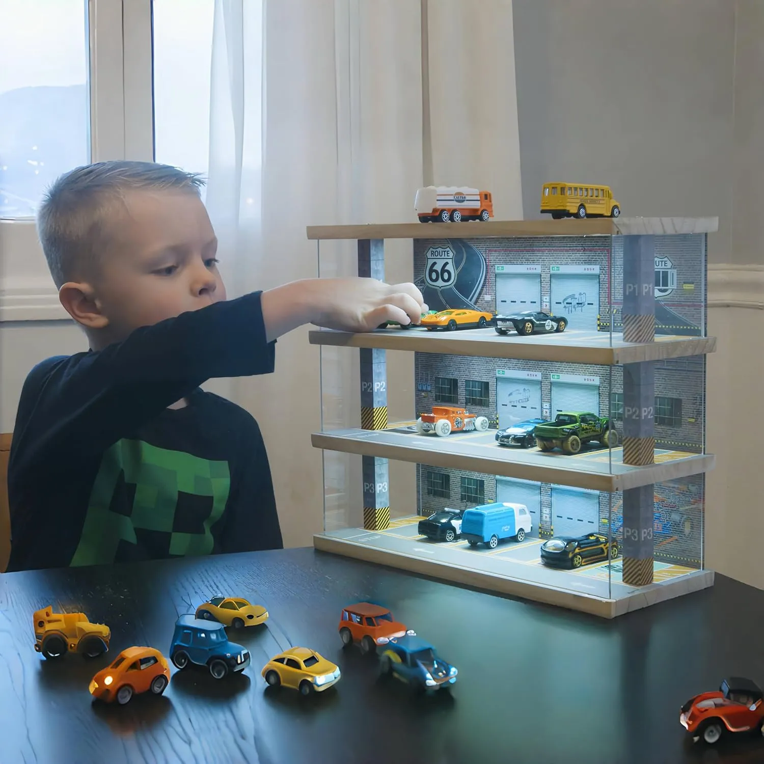 Hot Wheels Storage: Toy Car Parking Garage Diorama with Lights - Freestanding Display Case for 1/64 Scale Diecast Cars with 4 Levels 24 Spots Maximum 40 Cars