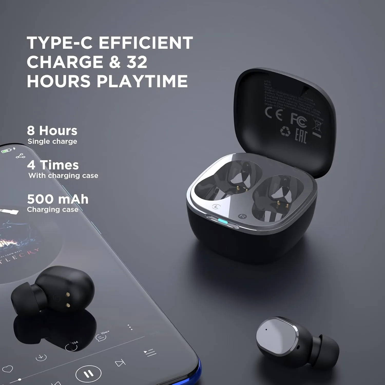 HTC True Wireless Bluetooth Earbuds 2, in-Ear Headphones ENC Noise Cancellation Voice Call- Volume Control/IPX5 Waterproof/Built-in Mic/32H Playtime for Calling, Gaming, Running