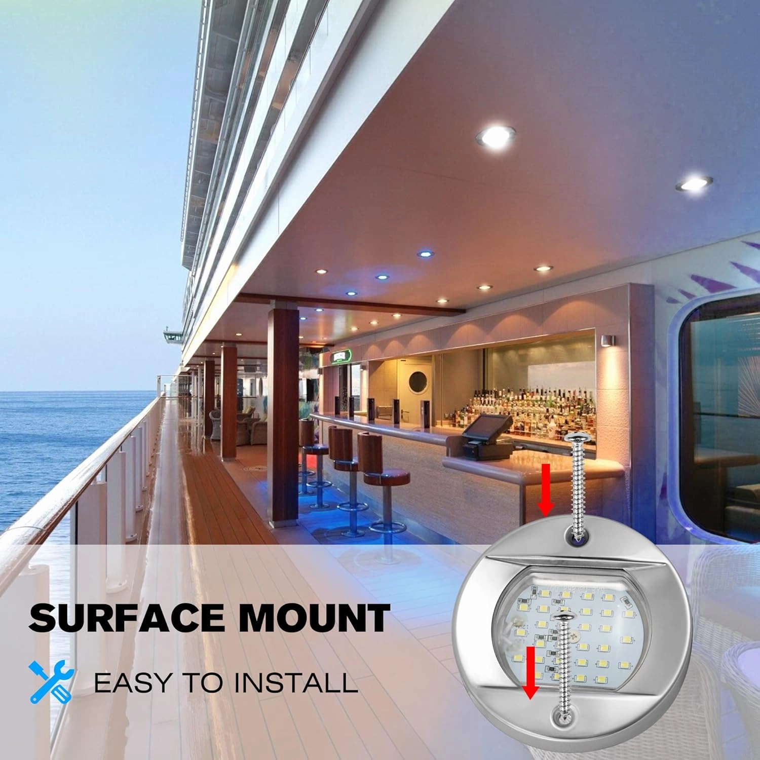 HUSUKU LED Marine Courtesy Lights 4in, SOOP3 P0-2 1800LM 30LED SUS316 Round IP65 Waterproof Boat Transom Interior Lights, Surface Mount for Yacht/Cockpit/Console/Deck/Ceiling/Spotlight (2x Cool White)