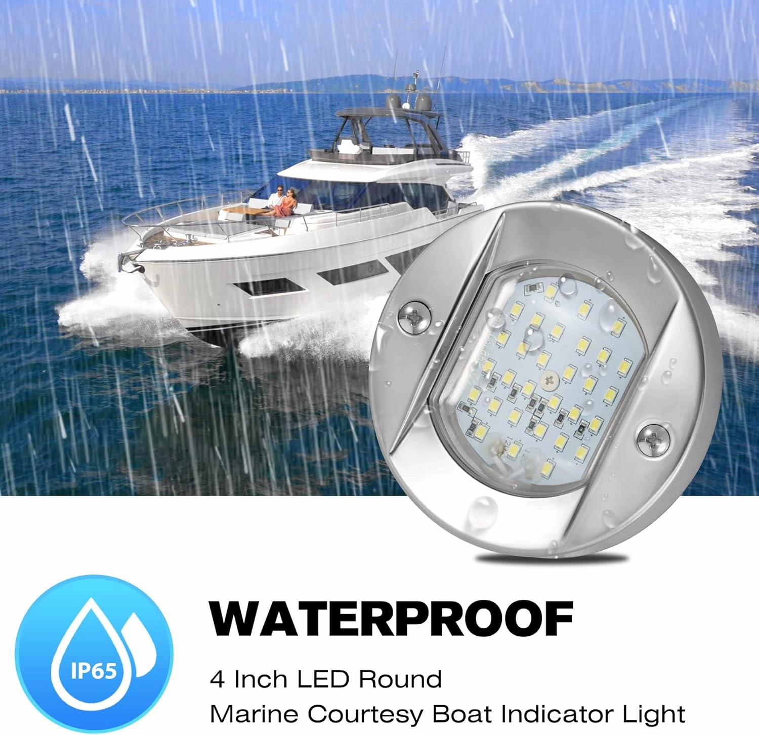 HUSUKU LED Marine Courtesy Lights 4in, SOOP3 P0-2 1800LM 30LED SUS316 Round IP65 Waterproof Boat Transom Interior Lights, Surface Mount for Yacht/Cockpit/Console/Deck/Ceiling/Spotlight (2x Cool White)