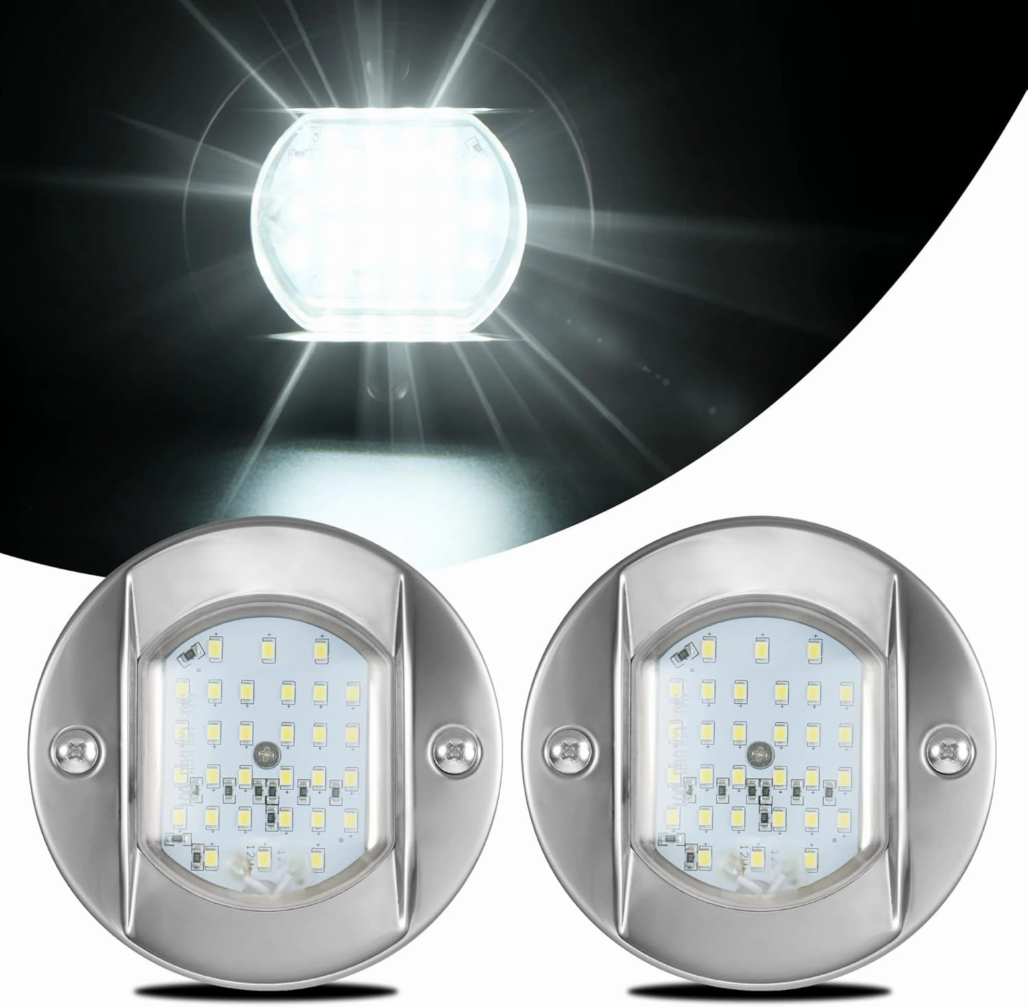 HUSUKU LED Marine Courtesy Lights 4in, SOOP3 P0-2 1800LM 30LED SUS316 Round IP65 Waterproof Boat Transom Interior Lights, Surface Mount for Yacht/Cockpit/Console/Deck/Ceiling/Spotlight (2x Cool White)