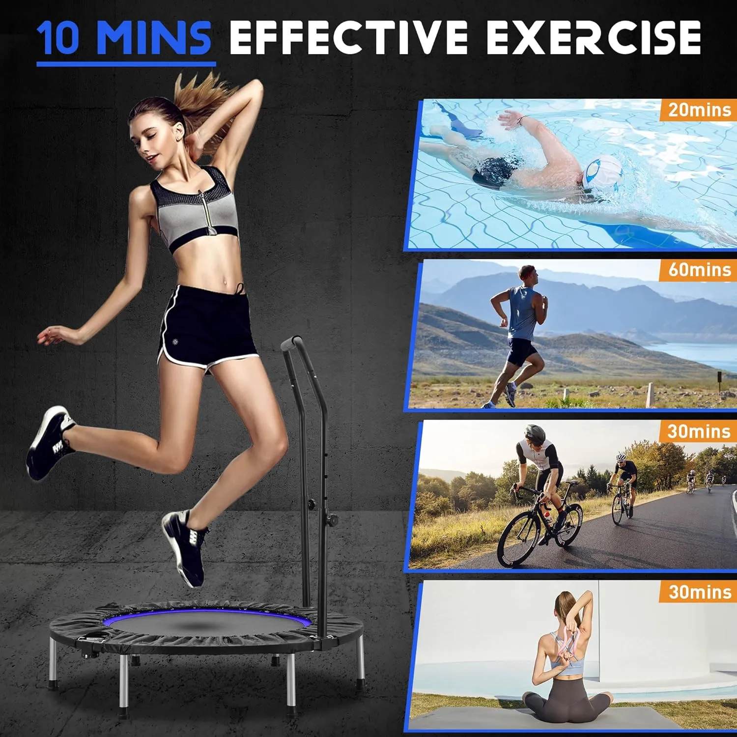 HYD-Parts 40"/48" Mini Trampoline for Adults and Kids Exercise Rebounder with Adjustable Bar Fitness Trampoline Indoor Max Load 330lbs
