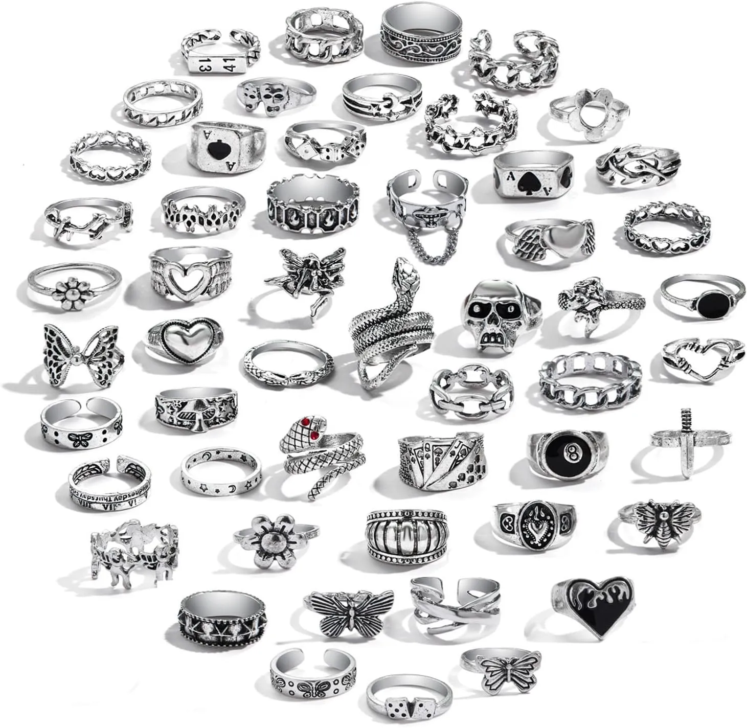 IFKM Vintage Silver Knuckle Rings Set for Women, Stackable Joint Finger Statement Rings Bohemian Retro Hollow Carved Midi Rings, Boho Halloween Skeleton Skull Snake Heart Chunky Stacking Rings Pack