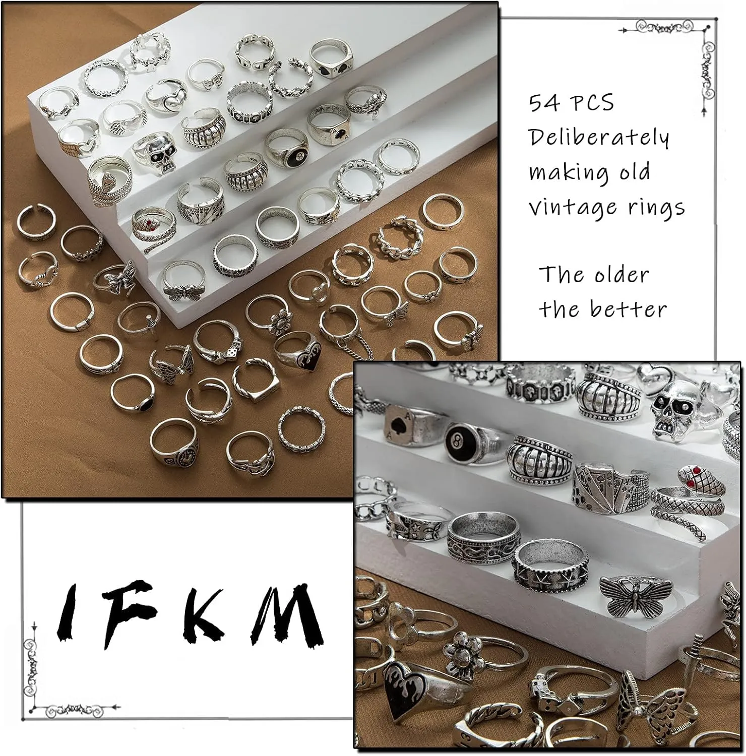 IFKM Vintage Silver Knuckle Rings Set for Women, Stackable Joint Finger Statement Rings Bohemian Retro Hollow Carved Midi Rings, Boho Halloween Skeleton Skull Snake Heart Chunky Stacking Rings Pack