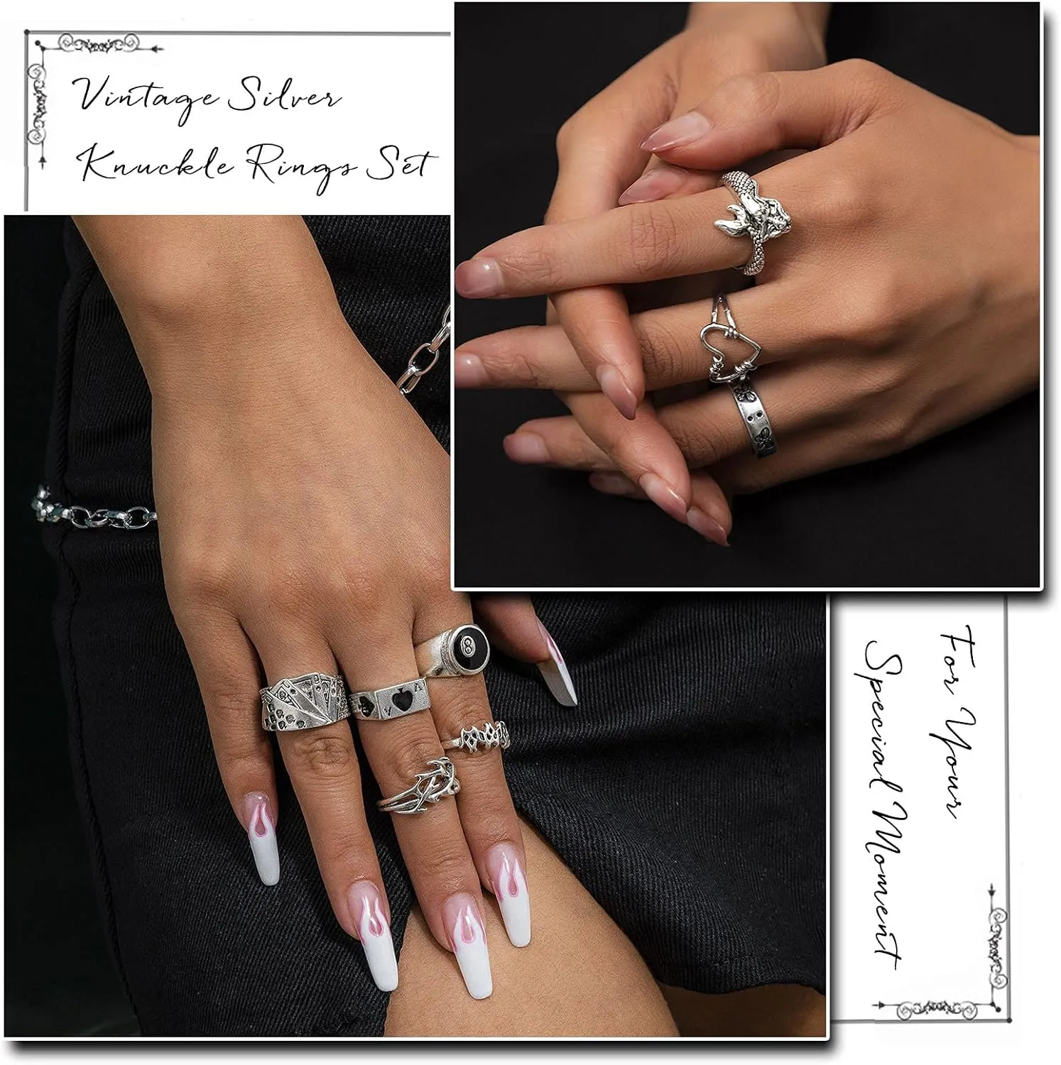 IFKM Vintage Silver Knuckle Rings Set for Women, Stackable Joint Finger Statement Rings Bohemian Retro Hollow Carved Midi Rings, Boho Halloween Skeleton Skull Snake Heart Chunky Stacking Rings Pack
