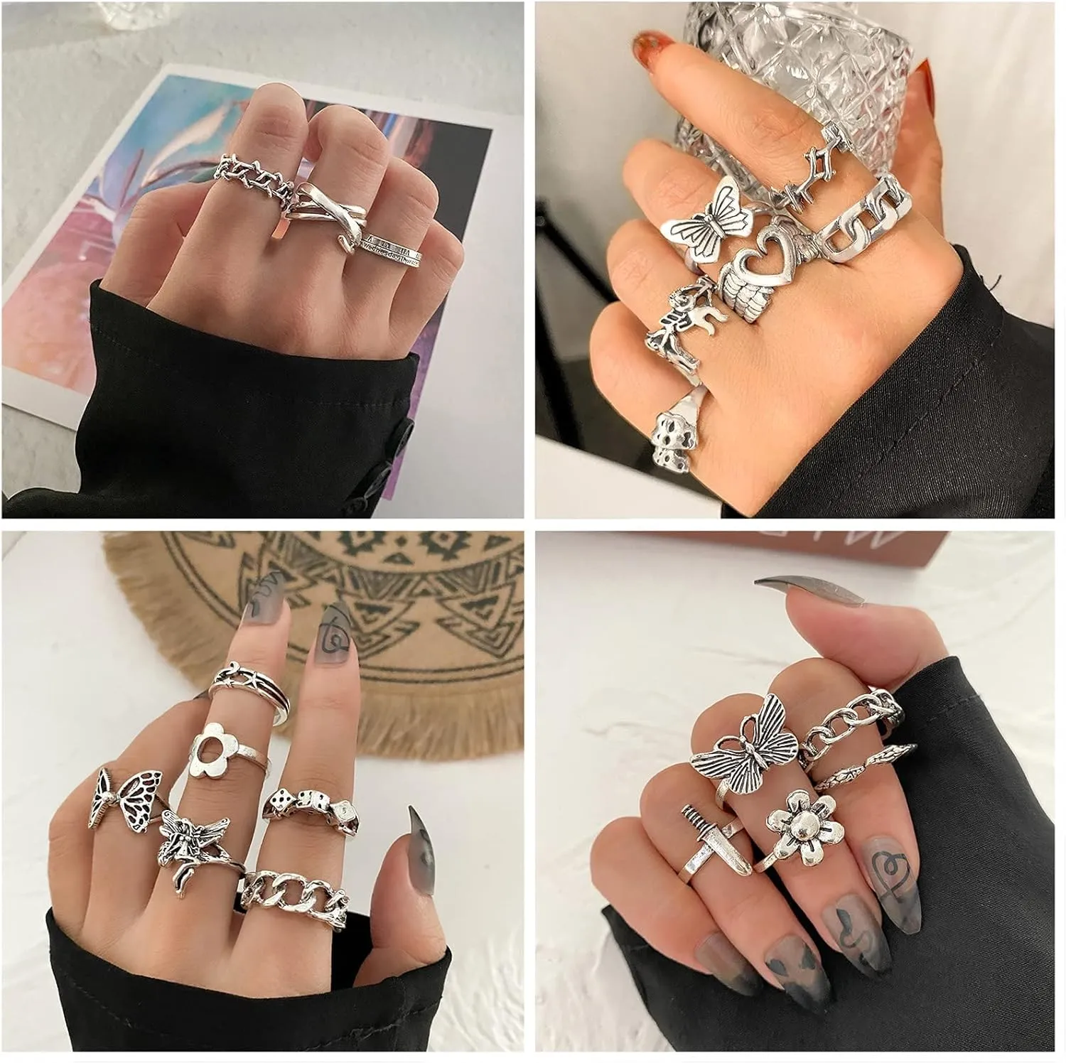 IFKM Vintage Silver Knuckle Rings Set for Women, Stackable Joint Finger Statement Rings Bohemian Retro Hollow Carved Midi Rings, Boho Halloween Skeleton Skull Snake Heart Chunky Stacking Rings Pack