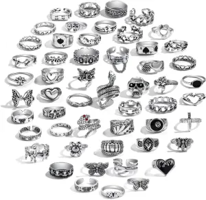 IFKM Vintage Silver Knuckle Rings Set for Women, Stackable Joint Finger Statement Rings Bohemian Retro Hollow Carved Midi Rings, Boho Halloween Skeleton Skull Snake Heart Chunky Stacking Rings Pack