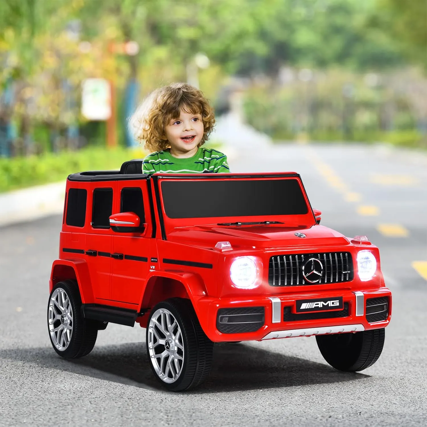 INFANS Licensed Mercedes Benz G63 Kids Ride On Car, 12V Electric Vehicle with Remote Control, Double Open Doors, Music, Bluetooth, Wheels Suspension, Battery Powered for Children Boy Girl (Red)