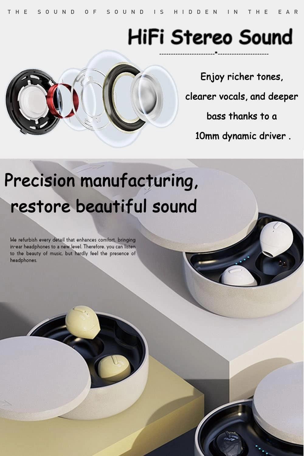 Invisible Earbuds Small Mini Wireless Bluetooth Earpiece Phone Discreet Earbud for Music, Home, Work