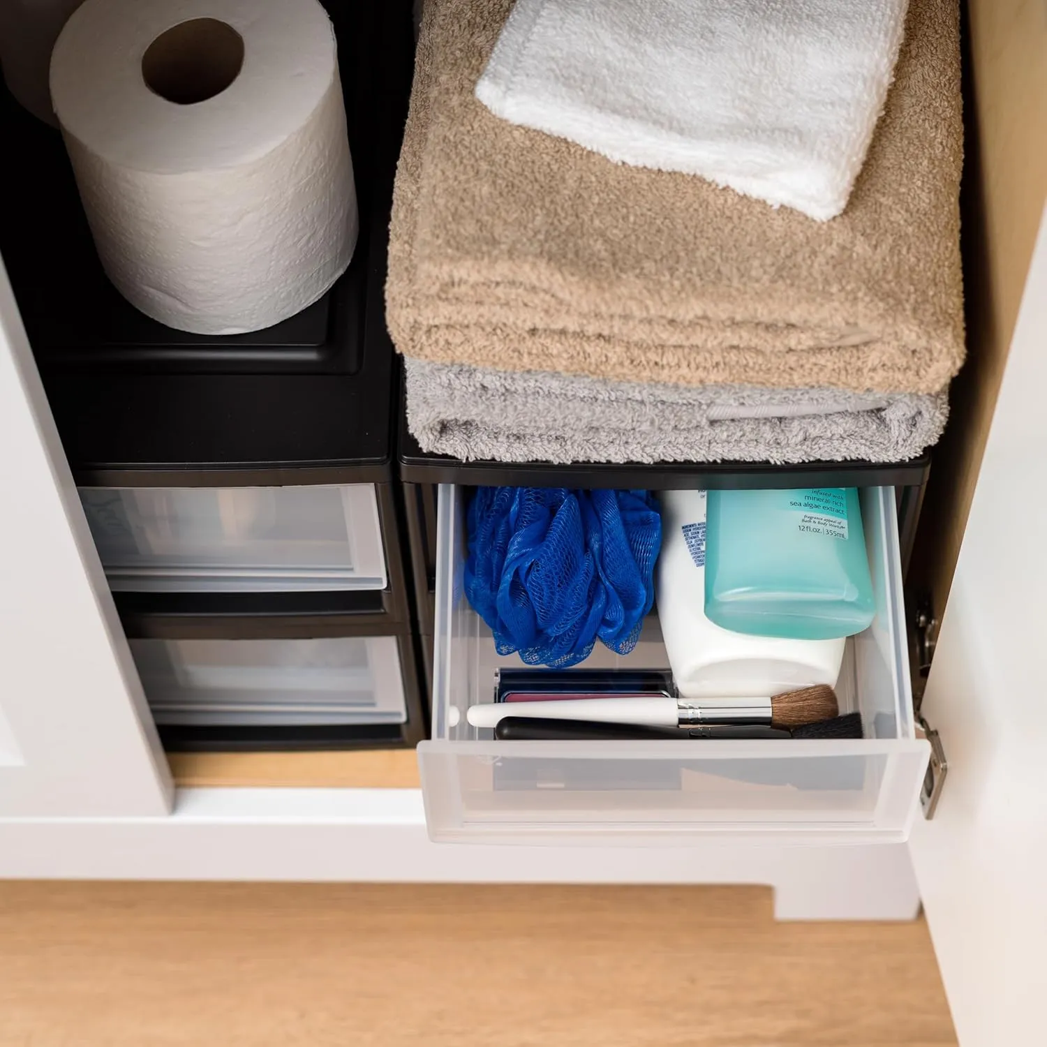 IRIS USA 6 Qt. Plastic Drawer Storage Organizer Stacking Drawers, 4-Pack, Stackable Unit with Sliding Drawer for Clothes Bedroom Kitchen Under Sink Pantry Craft Room Bathroom Dorm Office, Black
