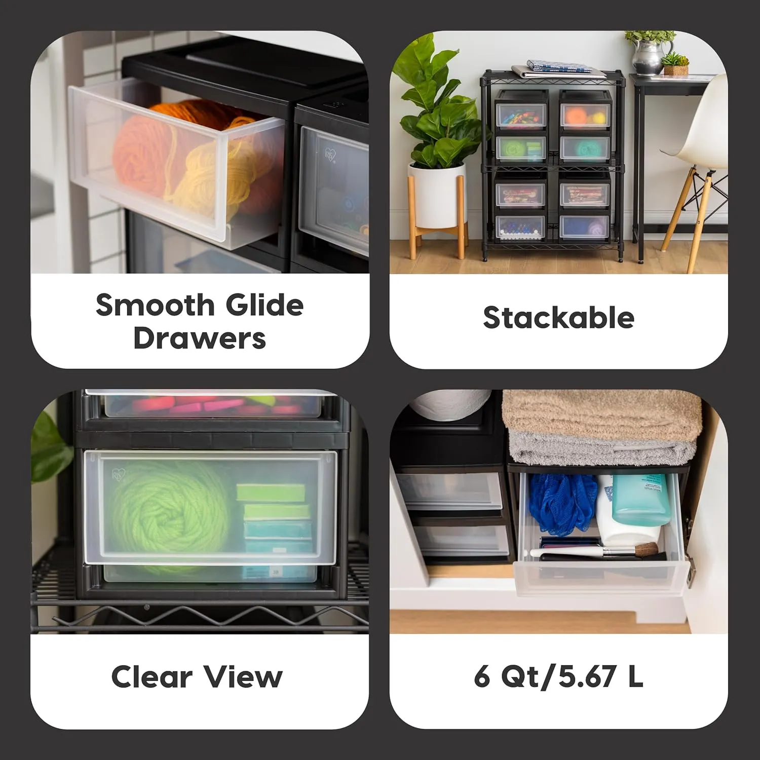 IRIS USA 6 Qt. Plastic Drawer Storage Organizer Stacking Drawers, 4-Pack, Stackable Unit with Sliding Drawer for Clothes Bedroom Kitchen Under Sink Pantry Craft Room Bathroom Dorm Office, Black