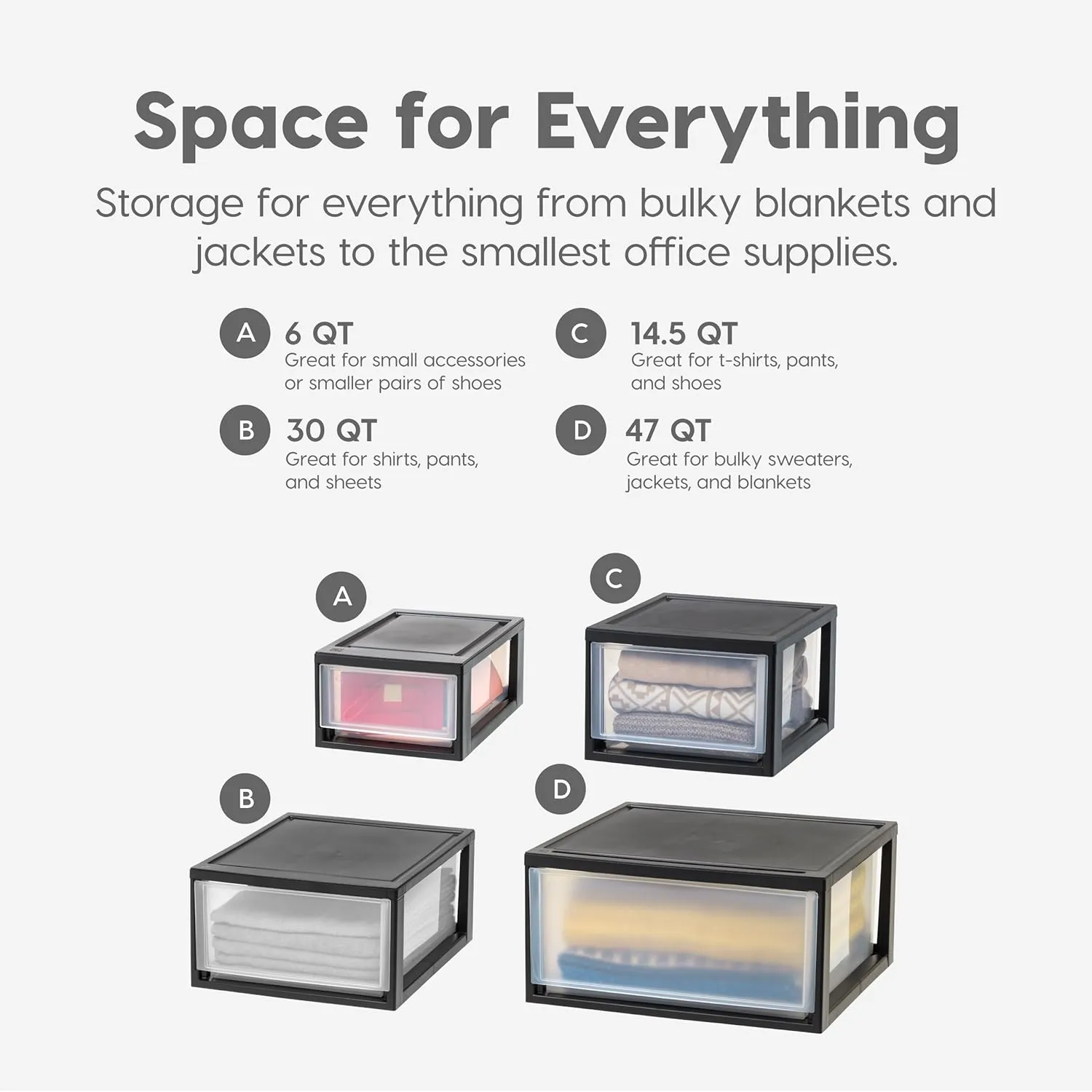IRIS USA 6 Qt. Plastic Drawer Storage Organizer Stacking Drawers, 4-Pack, Stackable Unit with Sliding Drawer for Clothes Bedroom Kitchen Under Sink Pantry Craft Room Bathroom Dorm Office, Black