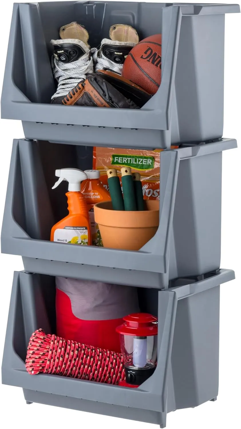 IRIS USA Stackable Storage Bins Open Front, Medium - 3 Pack, Heavy Duty Garage Organization, Storage Bin, Tools Garden Hose Household Product, Wide Open Front, Interlocked Secure Stacking, Gray