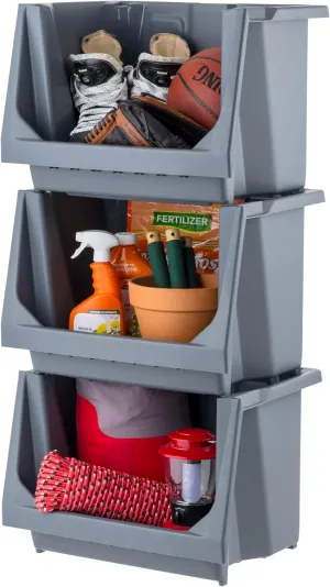 IRIS USA Stackable Storage Bins Open Front, Medium - 3 Pack, Heavy Duty Garage Organization, Storage Bin, Tools Garden Hose Household Product, Wide Open Front, Interlocked Secure Stacking, Gray
